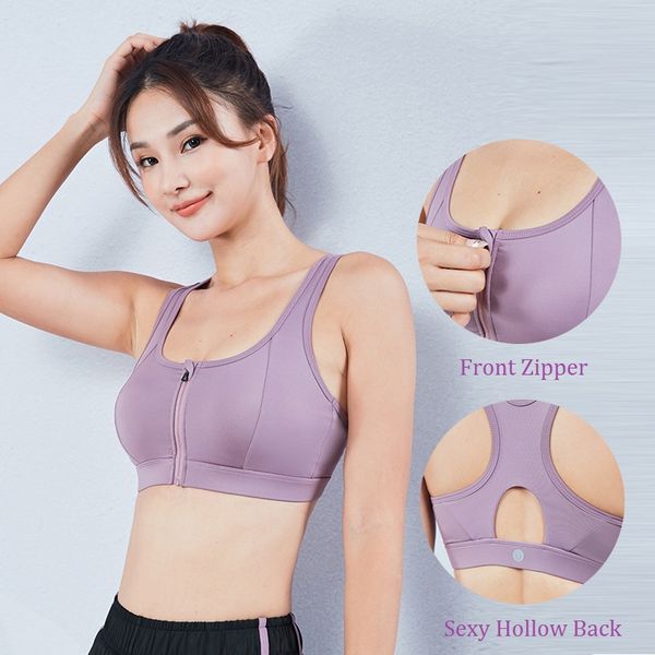 

brand new 2020 women shockproof sports bra push up yoga crop breathable fitness gym underwear front zipper, White;black