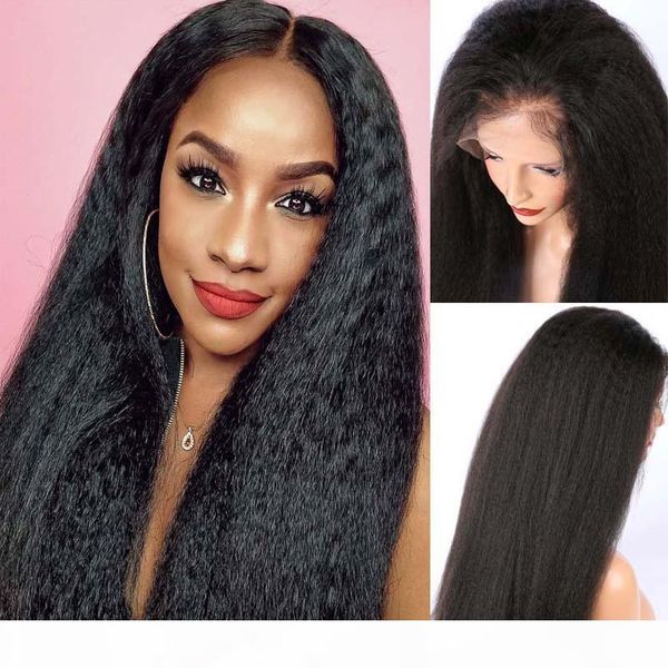 

lace front human hair wigs with baby hair 150% density kinky straight lace wig glueless for black women italian yaki lace front, Black;brown