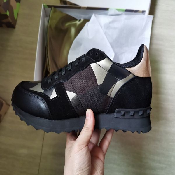 

new women men casual shoes camouflage genuine leather lace up couple luxury rivets flat shoes ing, Black
