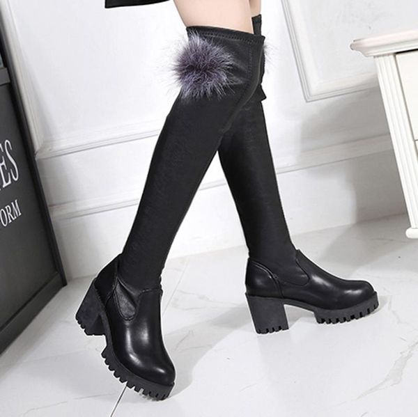 

women's winter boot slip-on square heel high over-the-knee long boots casual pu leather tube booties platform keep warm boots, Black