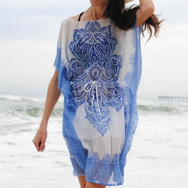 

1pcs beach chiffon blue fixed floral loose sunscreen suit see through breathable beach veil with drawstrin1, White;black