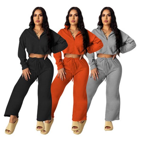 

ladies solid color sets fashion trend long sleeve zipper short loose pant tracksuits designer female casual drawstring pants 2pcs suits, Gray