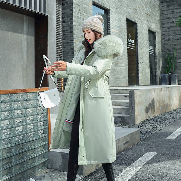 

removable plush liner coat new long slim fur collar winter jacket women adjustable warm thicken hooded parka coat female 201019, Black