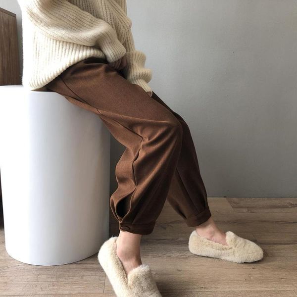 

women's pants & capris elegant high waist harem woolen women autumn winter solid loose-fitting quality suit trousers femme, Black;white