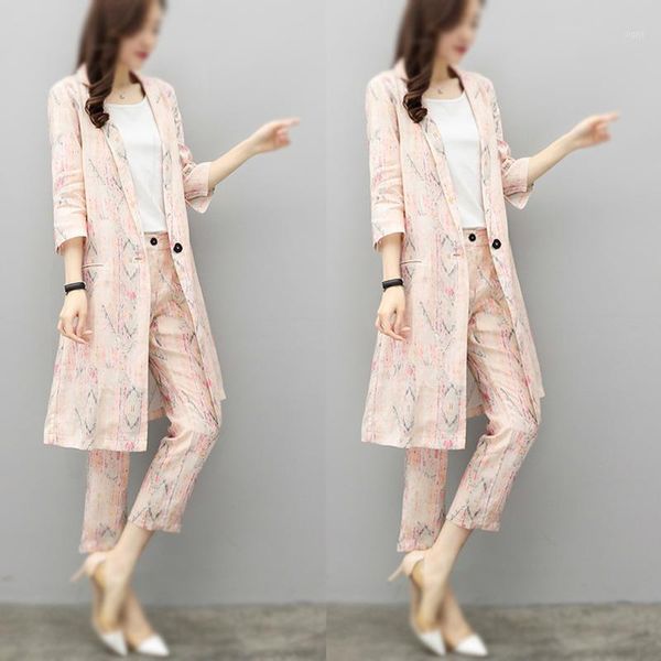 

cotton and linen goddess late evening breeze suit female summer new style long jacket with nine pants two sets1, White