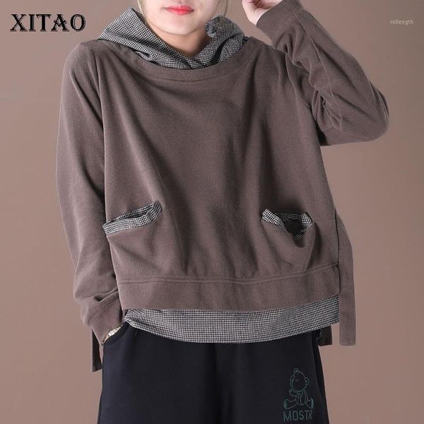 

xitao split irregular women hoodies fashion new 2020 spring full sleeve pocket false two piece minority casual hoodies xj39531, Black
