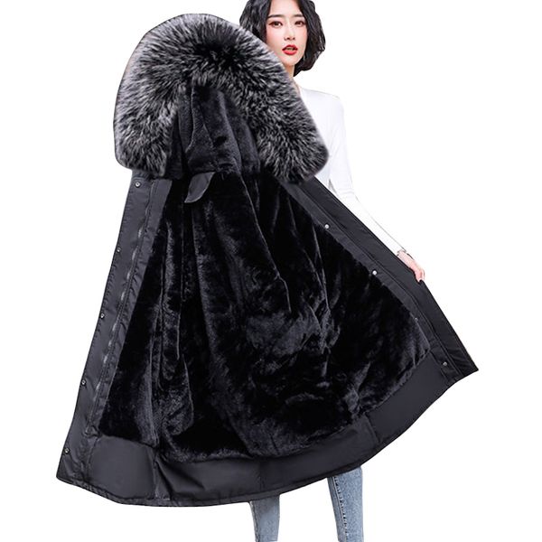 

warm wool liner outerwear winter hooded parka women slim long jacket with fur collar warm winter jacket female coat new 201028, Black;brown