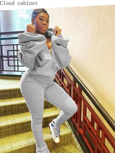 

fashion women's clothing factory direct sale fold fork trousers bubble sleeve dew back cap two sets1, Gray