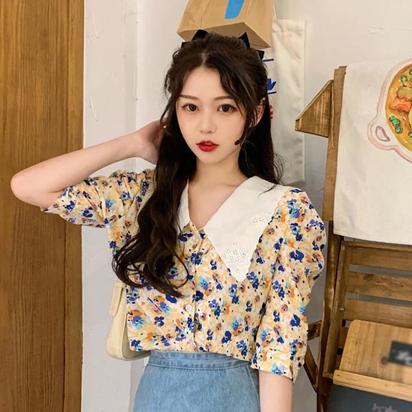

women embroidered blouses short sleeve lapel shirts summer floral blouses, White