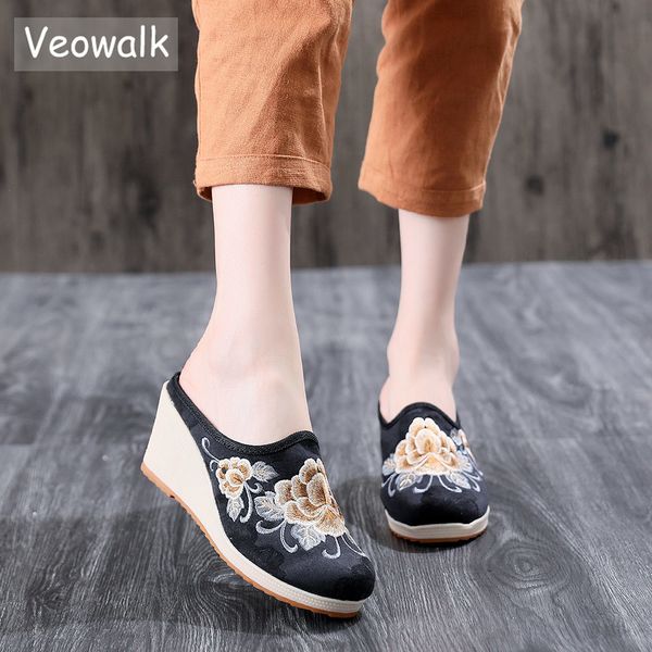 

veowalk old beijing embroidery women's canvas mules slippers woman high heel wedge ladies comfort linen cotton platforms shoes x1020, Black