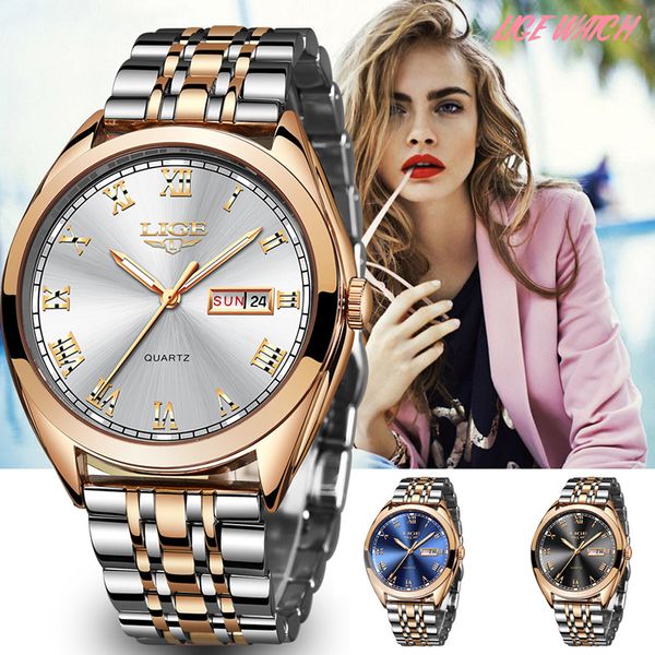 

lige fashion women watches ladies brand luxury waterproof gold quartz watch women stainless steel date wear gift clock 201114, Slivery;brown