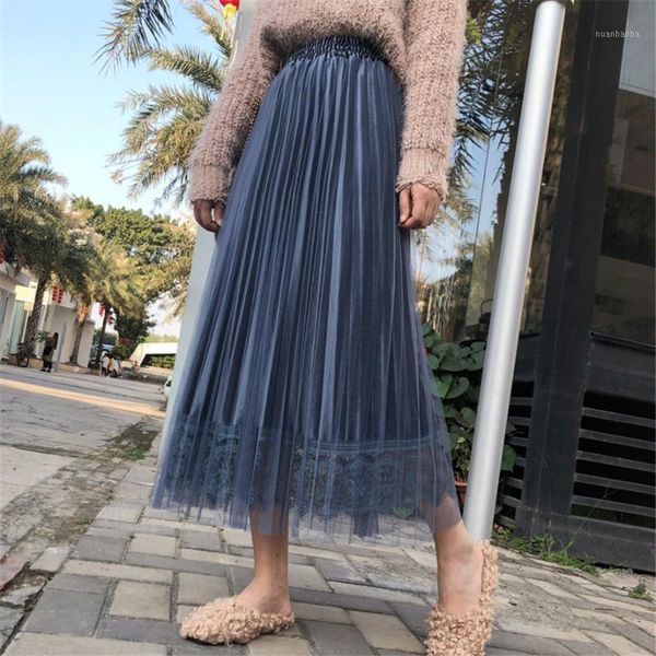 

2020 autumn velvet skirt with tulle lace beige blue pink black women skirt winter pleated long pz26881