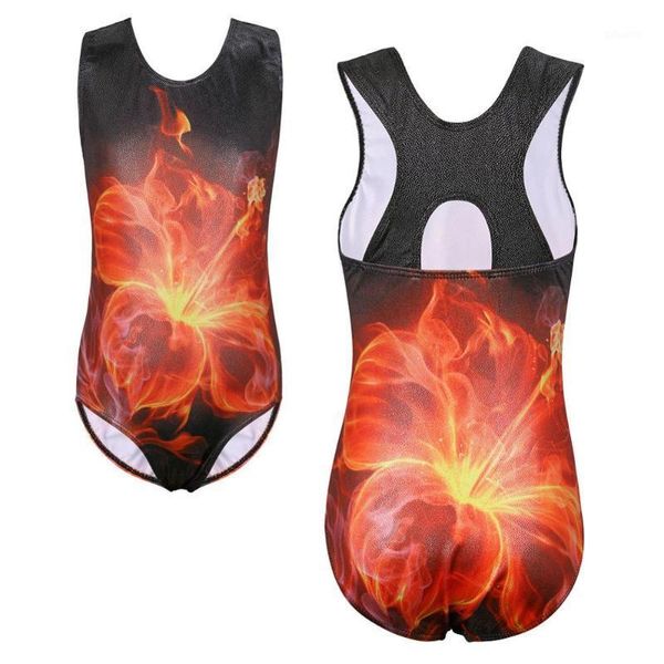 

baohulu teens bright orange color dance leotard kids blooming stamen print gymnastics leotard girl ballerina practice dance wear1, Black;red