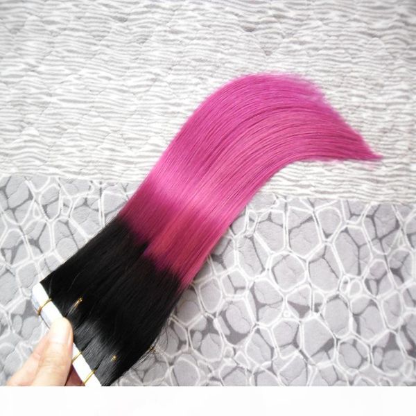 

rey ombre human hair t1b purple tape human hair extension straight brazilian pu skin weft hair100g 40pcs, Black