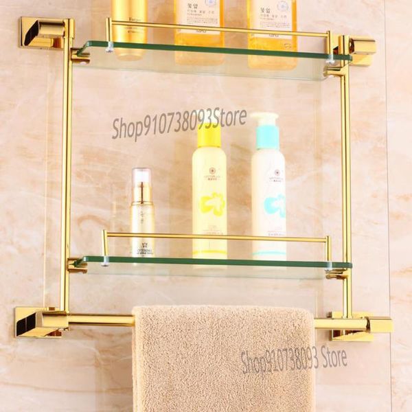 

hooks & rails european style golden glass shelf double bathroom towel rack toilet storage