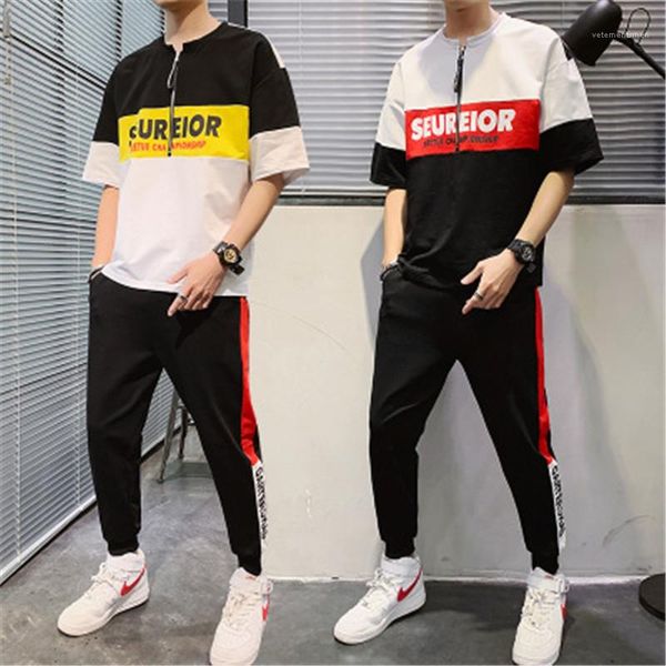 

casual sets fashion korean version zipper round neck trousers suits designer male casual loose two piece tracksuits man short sleeve, Gray