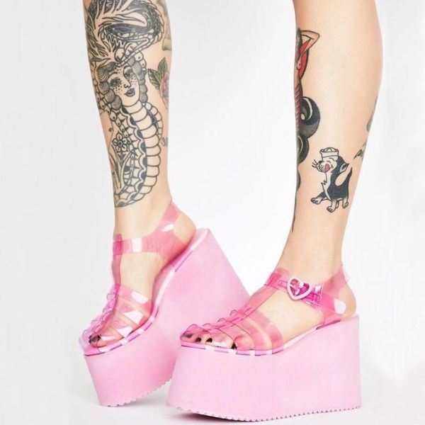 

sandals woman flat thick platform sole sandal clear pvc ankle strap summer jelly round toe cutouts candy color runway shoe1, Black
