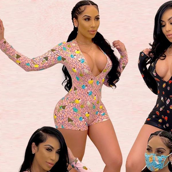 

2020 fruit print rompers and jumpsuits for women long sleeve romper deep v short casual jumpsuit skinny playsuit, Black;white