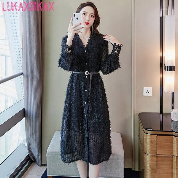 

new spring autumn women long sleeve dress high-end custom v-neck single-breasted cardigan feather lace dress elegant1, Black;gray