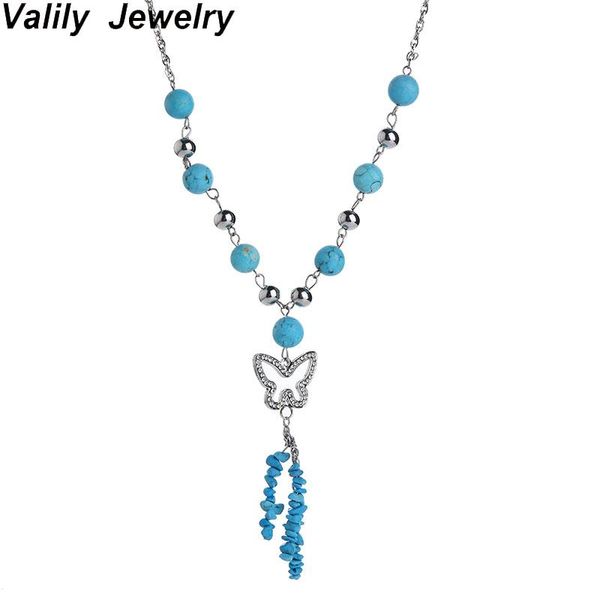 

edglifu blue stone bead necklace fashion sweater chain butterfly pendant necklace stainless steel long for women, Silver