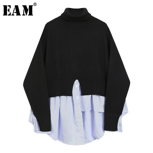 

[eam] striped irregular knitting sweater loose fit turtleneck long sleeve women pullovers new fashion autumn winter 2021 1y231 201221, White;black