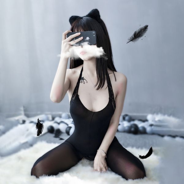 

2020 new halter bodysuit women clothes perspective open crotch body stockings lace backless lingerie babydolls costumes, Black;white
