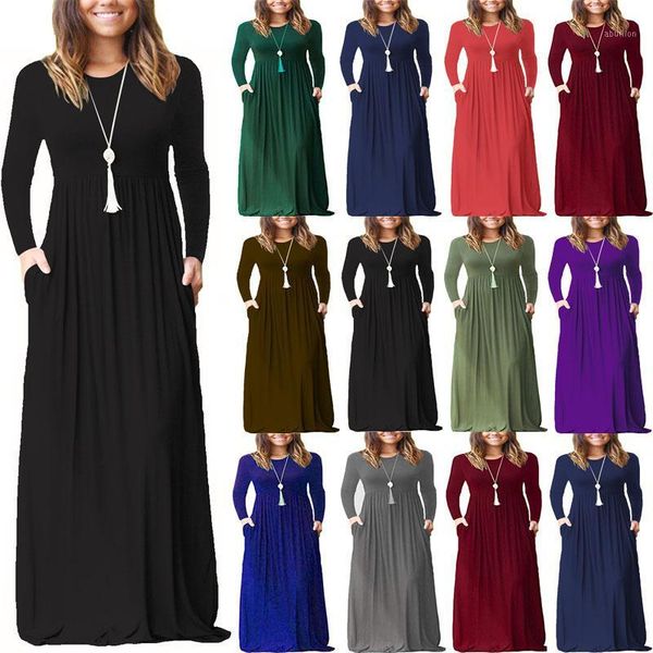 

casual dresses o-neck solid color long sleeve pocket maxi dress for fashion women autumn s-3xl robe1, Black;gray