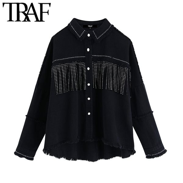 

traf women stylish tassel beaded oversized denim jacket coat vintage fashion long sleeve frayed trim outerwear chic loose 201023, Black;brown