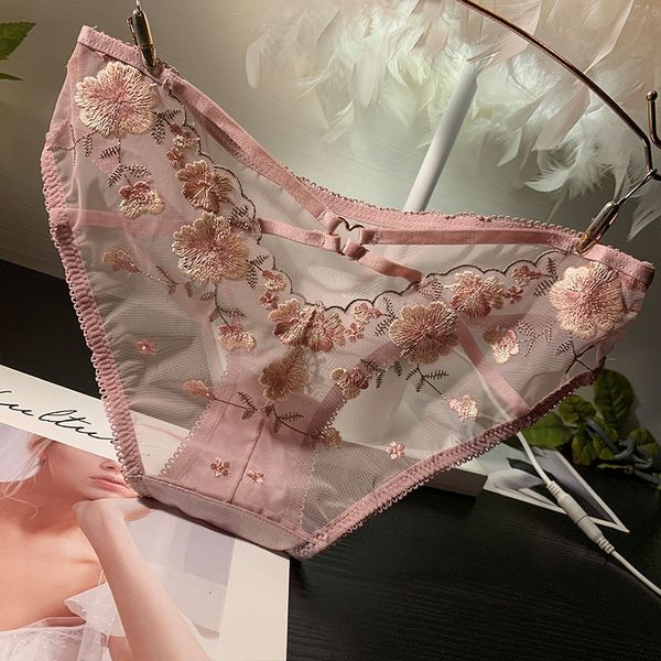

embroidered mesh lace underwear women's fashion bandage hollow out transparent temptation briefs, Black;pink
