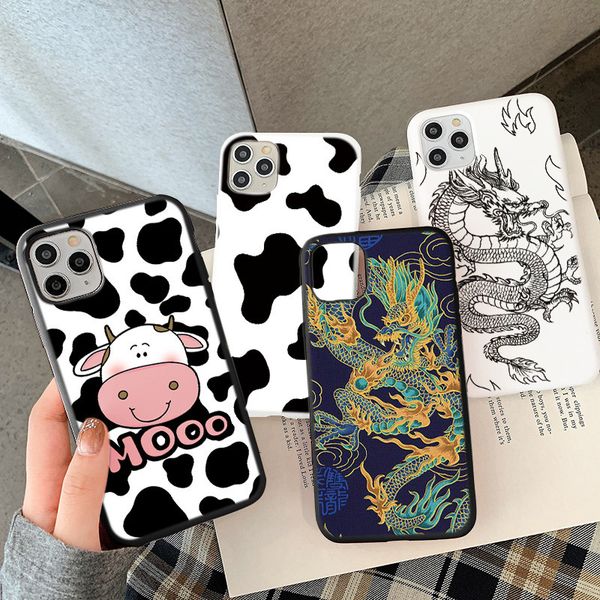 

for iphone 12 11 pro 6 6s 7 8 plus se2 x xr xs max se 2020 cellphone dragon cover white black cow symbol pattern print case