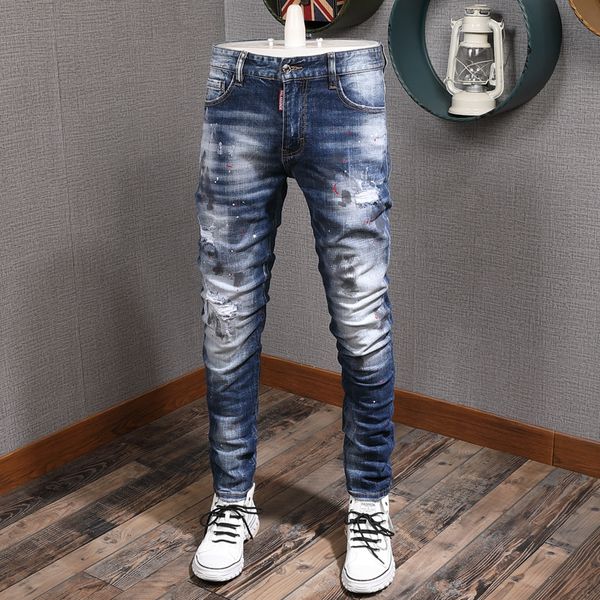 

2021 new fashion streetwear men retro blue painted designer ripped jeans punk style hip hop long pants denim trousers zscq