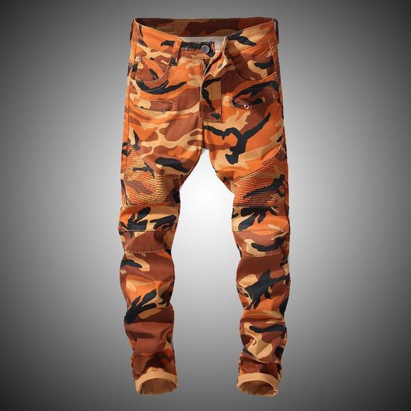 

men's jeans mens yellow camouflage punk slim fit streetwear denim pant men fashion camo pants clothes 2021 j366, Blue