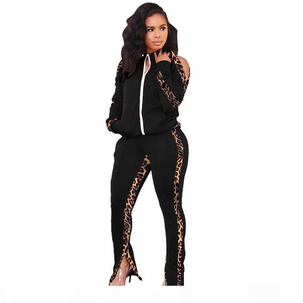 

women tracksuits two pieces set designer 2020 outfit solid colour leopard stitching off shoulder zipper coat pants ladies fashion sportswear, Gray