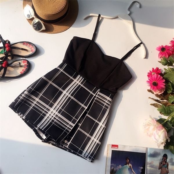 

summer ladies strap plaid skinny camisole jumpsuits playsuits loose shorts skirt women casual slim beach romper overalls t200701, Black;white