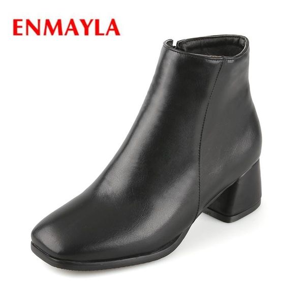 

enmayla new fashion women square toe solid warm short plush ankle boots lady square heel boots size 34-43 zyl566, Black