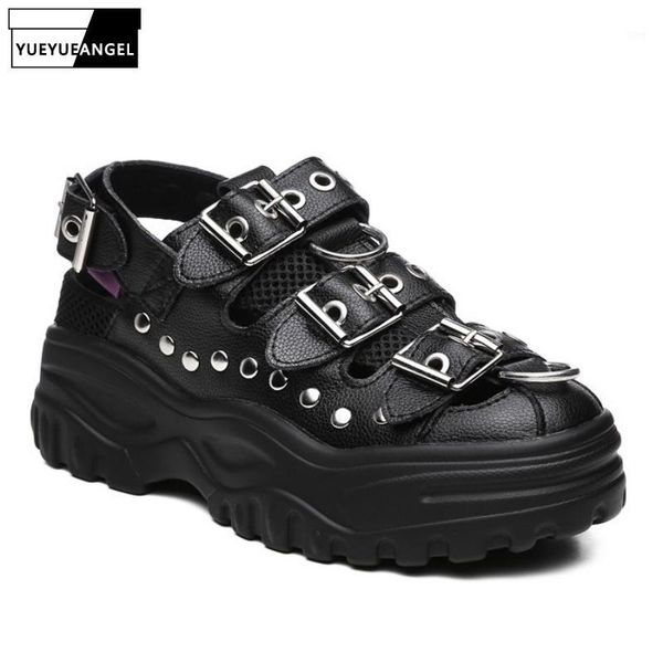 

dress shoes women genuine leather platform sandals summer leisure rivets wedge street black white buckle sneakers female1