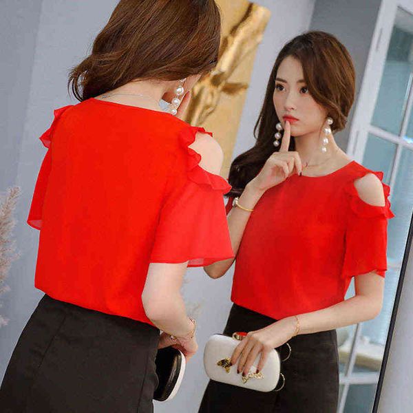 

women's t-shirt summer 2022 suspender straight neck chiffon women's solid ruffle off shoulder t-shirt, White