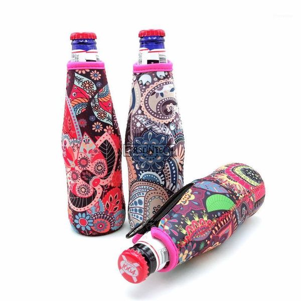 

6pcs 12oz 330ml beer bottle cooler sleeves drink can holder zipper neoprene paisley insulated cover for party with opener1
