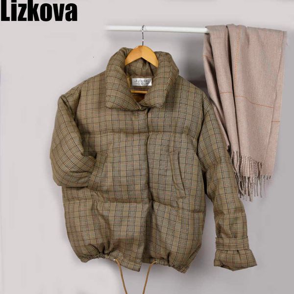 

winter down jacket vintage plaid crop down jacket woman stand collar oversized bread style puffer coat outwear v191209, Black