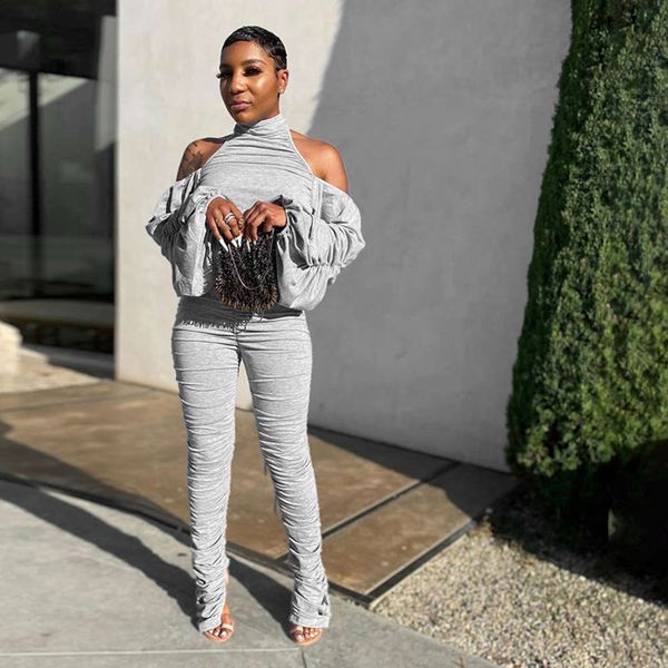 

fall 2020 ins fashion new open back one neck lantern sve lace up pleated jumpsuit, Black;white