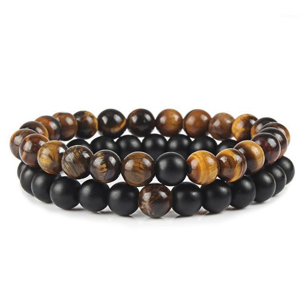 

2 pcs/set of charm natural stone tiger eye fashion couple bracelet bangles classic black matte ambers bead bracelets women men1