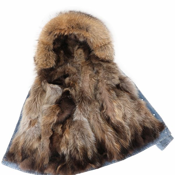 

new denim 2021 pie supersedes raccoon skin lining fox fur collar long woman's winter coat 1 2v0d, Black