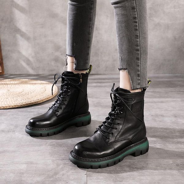 

boots 2021 winter first layer cowhide leather ankle thick-soled soft bottom lace-up british women's1, Black
