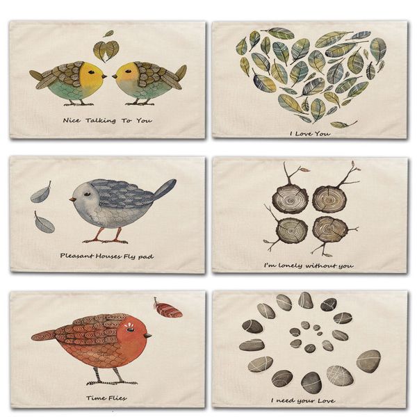 

1pcs cute bird branch printed placemat coaster dining table cotton linen bowl cup mat kitchen pads 42*32cm home decor ma0072