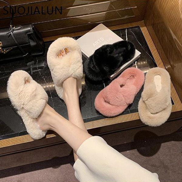 

suojialun 2020 winter women warm plush slipper slip on open toe flats slides ladies faux fur home non slip slippers plus size 40, Black