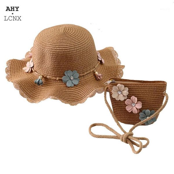

caps & hats 2021 summer children straw hat korean baby sun beauty floral girl spring cap beach visor bag two-piece sets1, Yellow