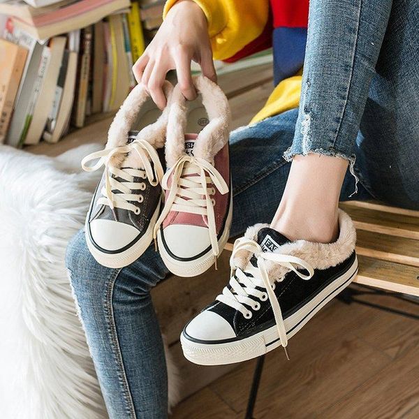 

женская ботильоны осень и зима новый женской обуви меховой обуви плюс бархат плюс хлопок холст студент, Black