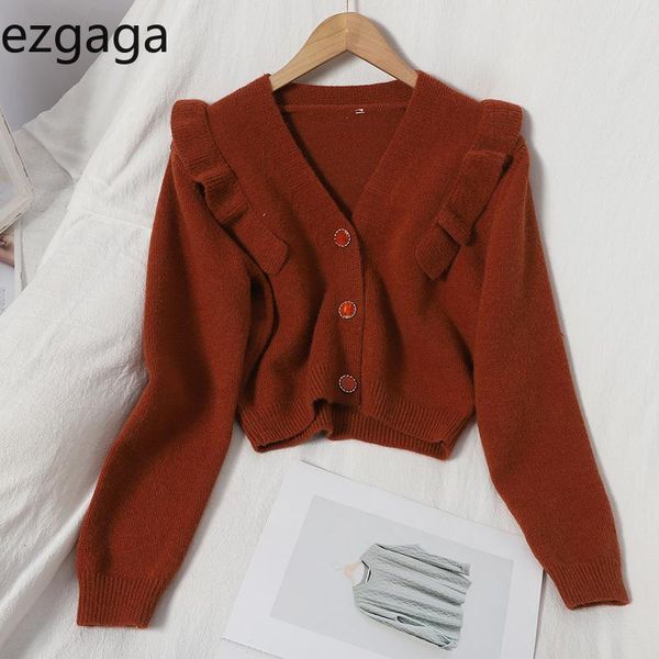 

ezgaga cropped cardigan women autumn v-neck solid sweet ruffles knitted cardigan all-match outwear sweater ladies casual, White