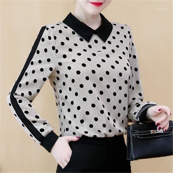 

2019 autumn women and blouses long sleeve chiffon polka dot shirt turn-down neck office lady plus size loose clothes blusas1, White
