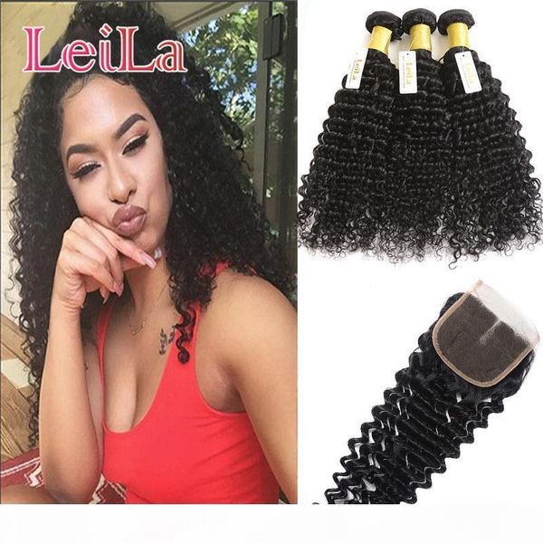 

8a deep wave human hair bundles with 4x4 lace closure deep curly closure with bundles remy hair extensions, Black;brown